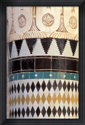 Framed Zellij Tile and Stucco on Historic Medersa, built 1333 AD, Morocco Print