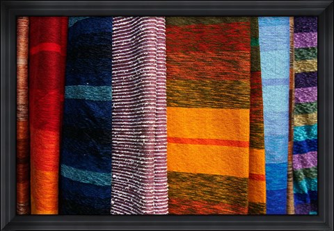 Framed Woven Moroccan silk scarves, Fes, Morocco, Africa Print