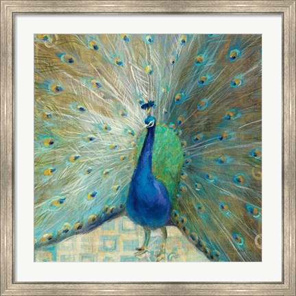 Framed Blue Peacock on Gold Print