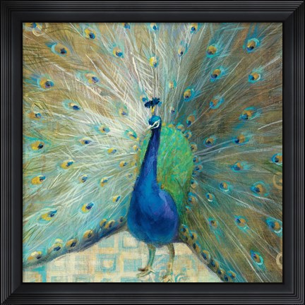 Framed Blue Peacock on Gold Print