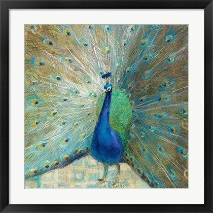 Framed Blue Peacock on Gold Print