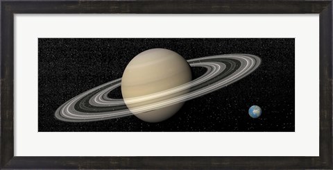 Framed Large planet Saturn and its rings next to small planet Earth Print