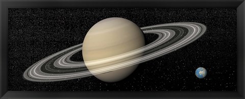 Framed Large planet Saturn and its rings next to small planet Earth Print