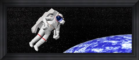 Framed Astronaut floating in outer space above planet Earth Print