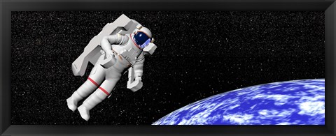 Framed Astronaut floating in outer space above planet Earth Print