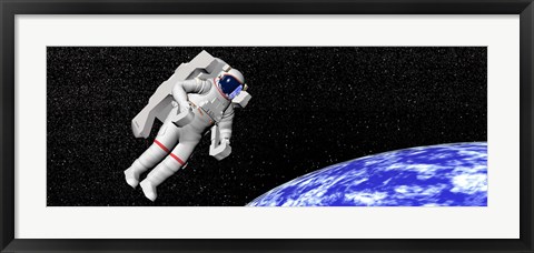 Framed Astronaut floating in outer space above planet Earth Print