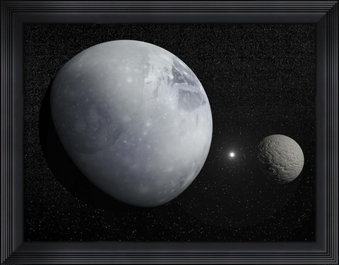 Framed Pluton, its big moon Charon and the Polaris star Print