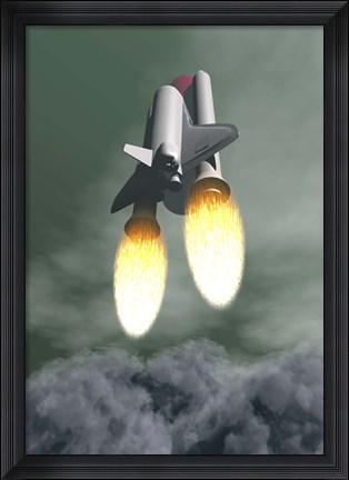 Framed Space shuttle taking off amongst grey smoke and clouds Print