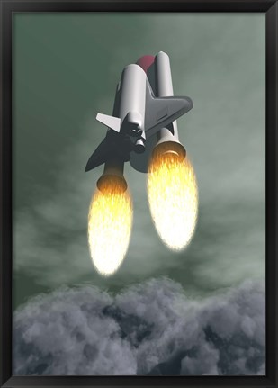 Framed Space shuttle taking off amongst grey smoke and clouds Print