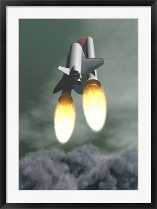 Framed Space shuttle taking off amongst grey smoke and clouds Print