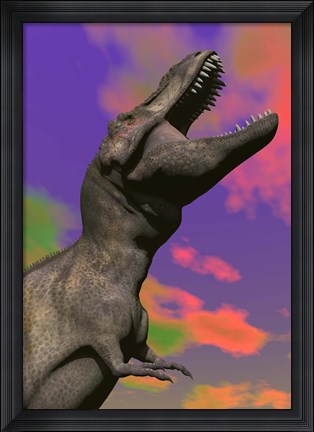 Framed Tyrannosaurus Rex roaring against a colorful sky Print