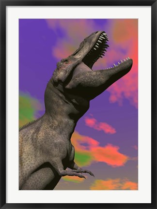 Framed Tyrannosaurus Rex roaring against a colorful sky Print