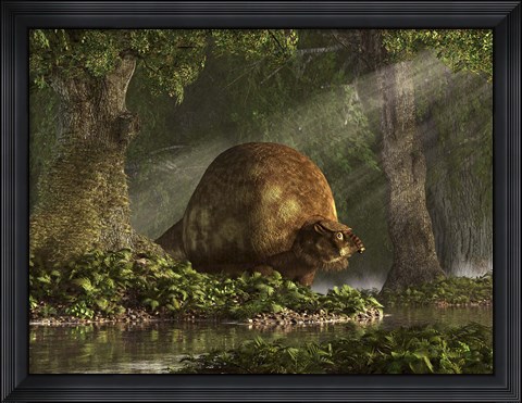 Framed large Glyptodon stands near the edge of a stream Print