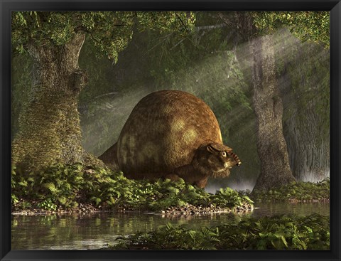 Framed large Glyptodon stands near the edge of a stream Print