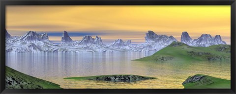 Framed Beautiful sunset over landscape with green grass and rocky mountains Print