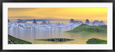 Framed Beautiful sunset over landscape with green grass and rocky mountains Print