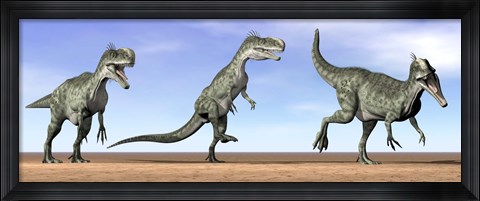 Framed Three Monolophosaurus dinosaurs standing in the desert Print