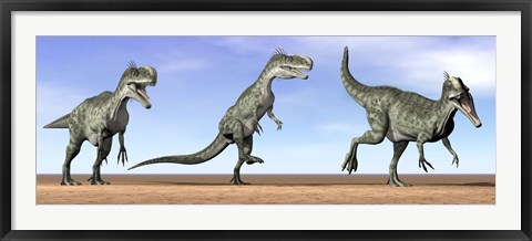 Framed Three Monolophosaurus dinosaurs standing in the desert Print