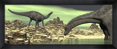 Framed Two Dicraeosaurus dinosaurs in a desert landscape Print