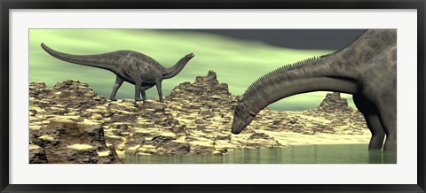 Framed Two Dicraeosaurus dinosaurs in a desert landscape Print