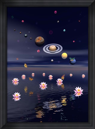 Framed Planets of the solar system surrounded by lotus flowers and butterflies Print