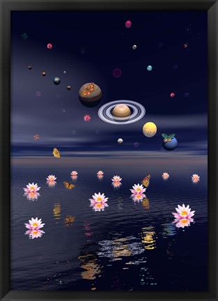 Framed Planets of the solar system surrounded by lotus flowers and butterflies Print