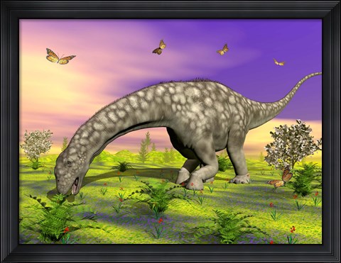 Framed Argentinosaurus eating plants while surrounded by butterflies and flowers Print