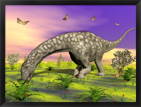 Framed Argentinosaurus eating plants while surrounded by butterflies and flowers Print