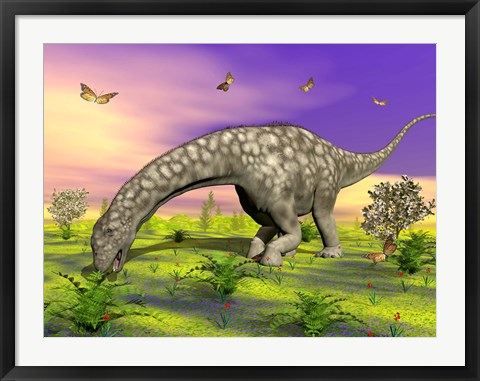 Framed Argentinosaurus eating plants while surrounded by butterflies and flowers Print