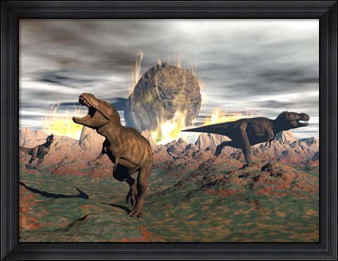 Framed Tyrannosaurus Rex dinosaurs escaping a big meteorite crash Print