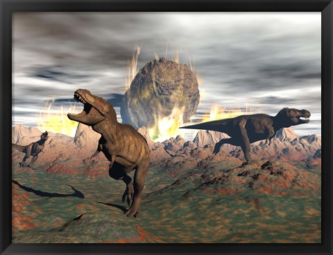 Framed Tyrannosaurus Rex dinosaurs escaping a big meteorite crash Print