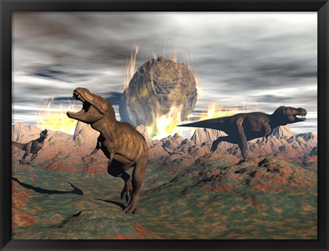 Framed Tyrannosaurus Rex dinosaurs escaping a big meteorite crash Print