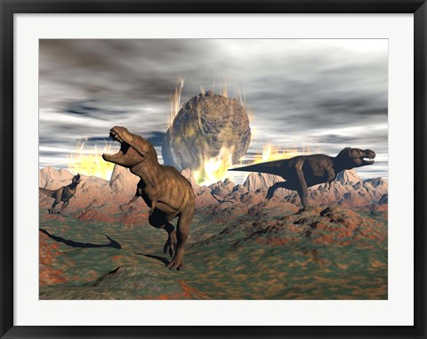 Framed Tyrannosaurus Rex dinosaurs escaping a big meteorite crash Print