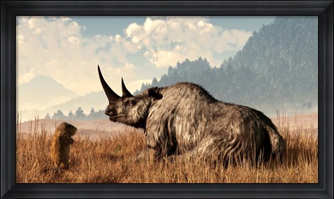 Framed marmot approaches an old and grey woolly rhinocerous Print