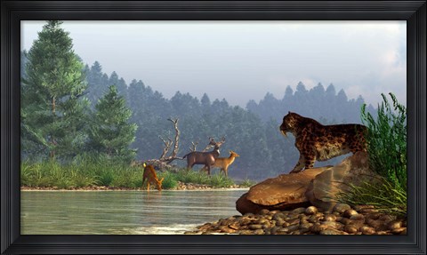 Framed saber-toothed cat looks across a river at a family of deer Print