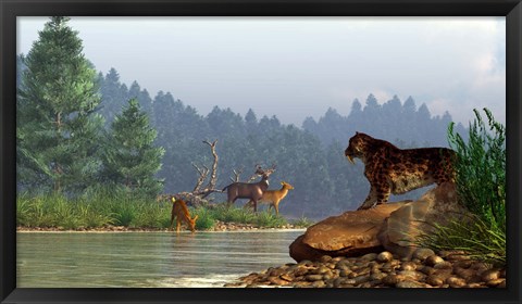 Framed saber-toothed cat looks across a river at a family of deer Print