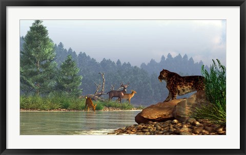 Framed saber-toothed cat looks across a river at a family of deer Print