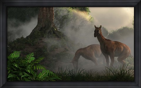 Framed pair of Macrauchenia grazing in a prehistoric forest Print