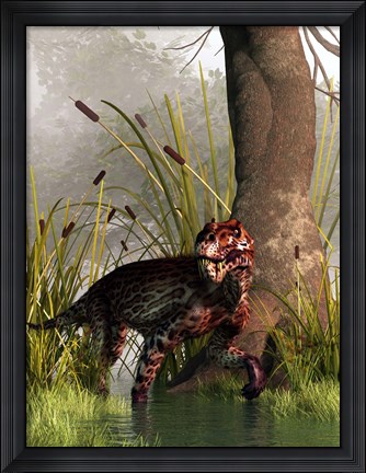 Framed Lycaenops stalking through a shallow prehistoric wetland Print
