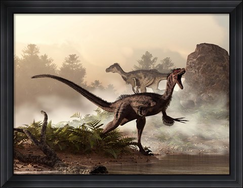Framed pair of velociraptors patrol the shore of an ancient lake Print