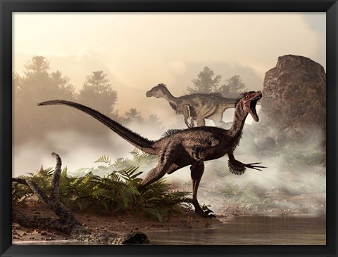 Framed pair of velociraptors patrol the shore of an ancient lake Print