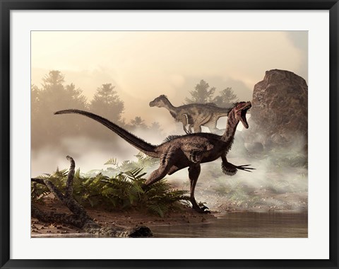 Framed pair of velociraptors patrol the shore of an ancient lake Print