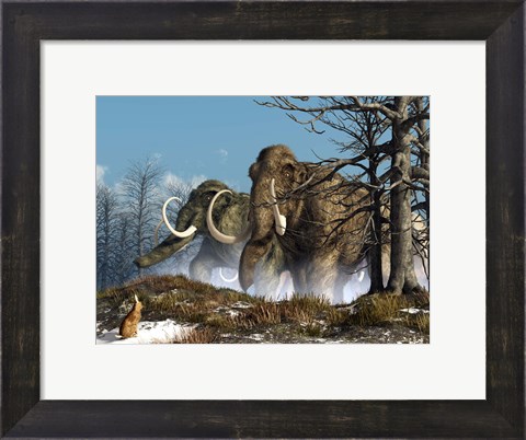 Framed rabbit witnesses a herd of mammoths in a snowy forest Print