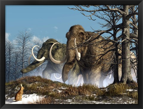 Framed rabbit witnesses a herd of mammoths in a snowy forest Print