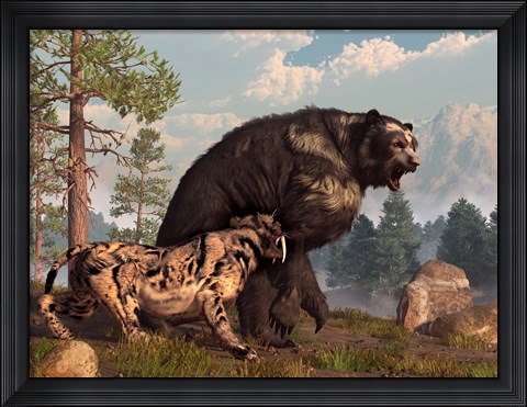 Framed saber-toothed cat tries to drive a short-faced bear out of its territory Print