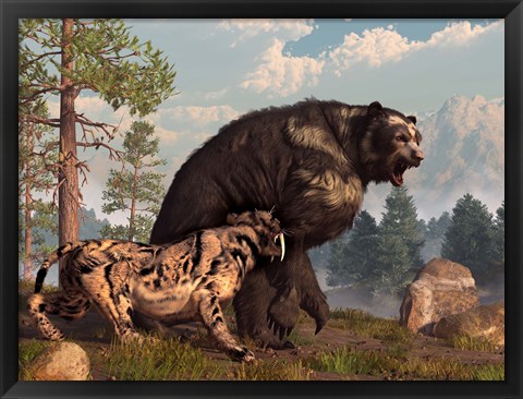 Framed saber-toothed cat tries to drive a short-faced bear out of its territory Print