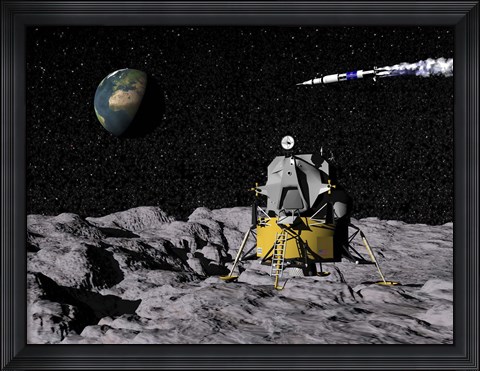 Framed Apollo on surface of moon, with Saturn V rocket in the background Print
