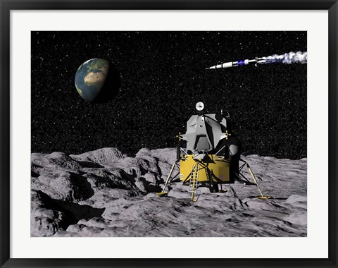 Framed Apollo on surface of moon, with Saturn V rocket in the background Print