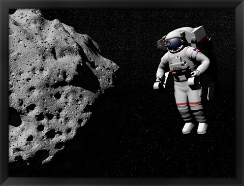 Framed Astronaut exploring an asteroid in outer space Print