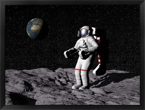 Framed Astronaut on moon with Earth in the background Print